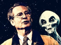 Tim Burchett and an alien. illo illustration