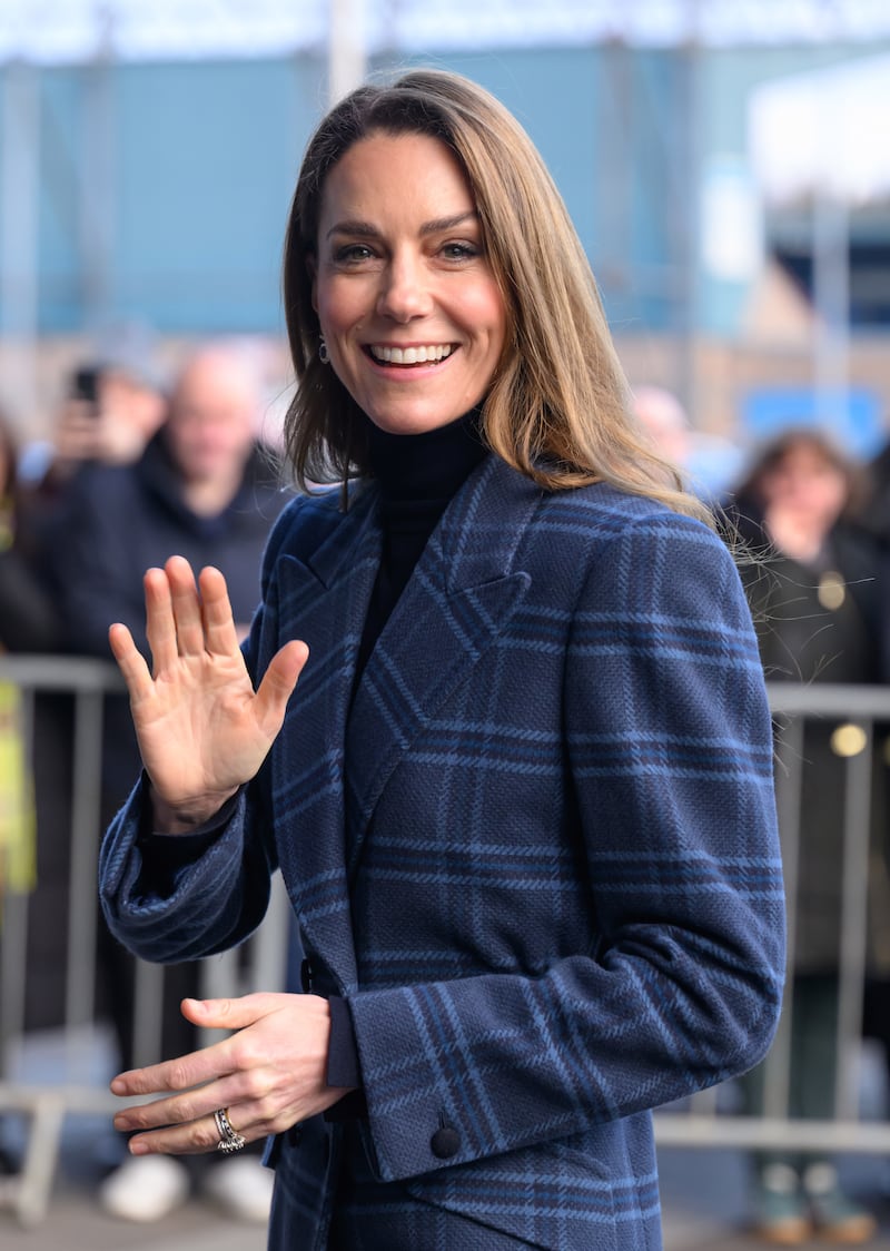 Catherine, Princess of Wales, arrives for a visit to the National Curling Academy with Prince William on January 20, 2026, in Stirling, Scotland.