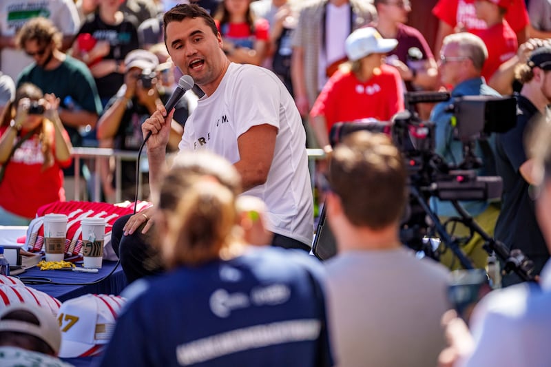 Charlie Kirk speaks at Utah Valley University on September 10, 2025 in Orem, Utah.