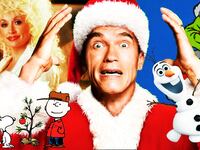 A photo illustration featuring a collage of stills from A Smoky Mountain Christmas, Jingle All the Way, A Charlie Brown Christmas, Frozen, and How the Grinch Stole Christmas