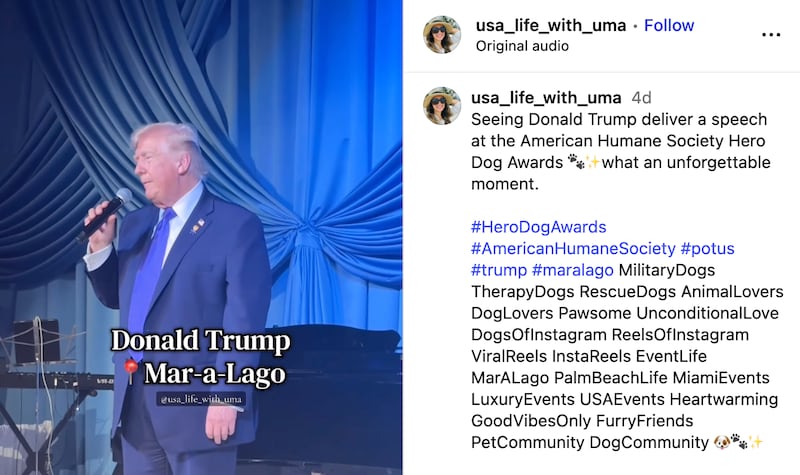 President Donald Trump speaking at Mar-a-Lago in a video posted to Instagram by user @usa_life_with_uma.