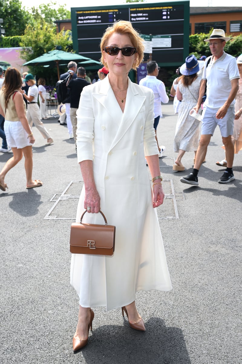 LONDON, ENGLAND - JULY 10: Lesley Manville, wearing Ralph Lauren, attends day twelve of the 2026 Wimbledon Tennis Championships at All England Lawn Tennis and Croquet Club on July 10, 2026 in London, England. (Photo by Karwai Tang/WireImage)
