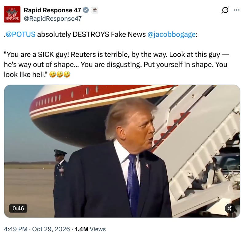 A post from the White House rapid response account, reading: .
@POTUS
absolutely DESTROYS Fake News
@jacobbogage
:
"You are a SICK guy! Reuters is terrible, by the way. Look at this guy — he's way out of shape... You are disgusting. Put yourself in shape. You look like hell."