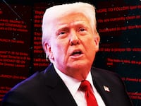 A photo illustration of President Donald Trump and his admin's Signal chat messages about their Yemen attack.