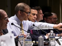 U.S. Representative Jim Jordan (R-OH) points his finger, during a House Judiciary Committee hearing "Victims of Violent Crime in Manhattan" that examines how Manhattan District Attorney Alvin Bragg's policies may have led to an increase in violent crime