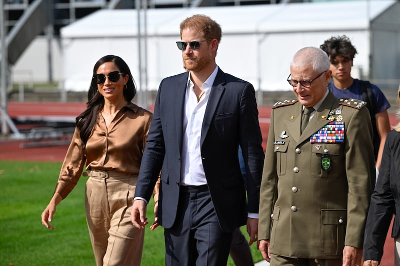 Meghan, Duchess of Sussex, Prince Harry, Duke of Sussex meet with General Luigi Miglietta and NATO Joint Force Command and families from Italy and Netherlands during day five of the Invictus Games Düsseldorf 2023 in Duesseldorf, Germany.