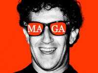 Mark Zuckerberg with sunglasses flashing between reading "MAGA" and "MARK" on a red background
