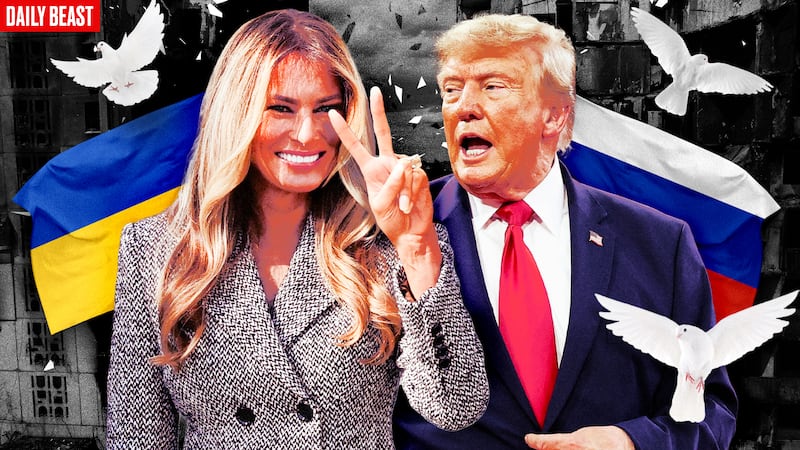 Melania Trump. A photo illustration of Melania Trump, Ukraine flag, Russia flag, white doves, and war destruction in Ukraine for TDB Podcast.