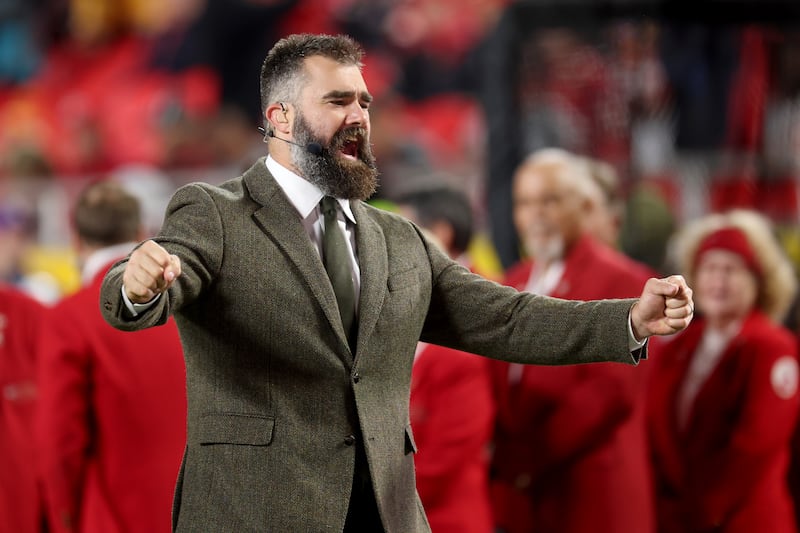 Jason Kelce at the game between the Washington Commanders and the Kansas City Chiefs at Arrowhead Stadium in Missouri in October 2025.