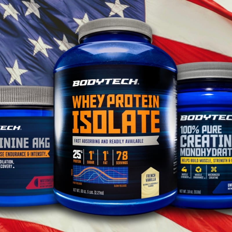 The Vitamin Shoppe products in front of the USA flag.