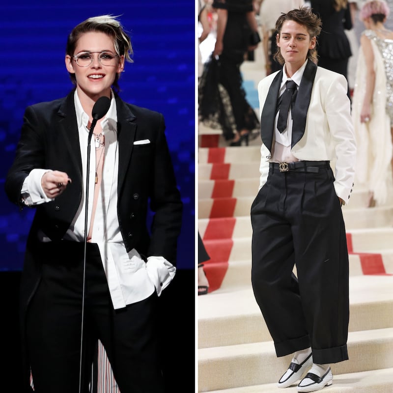 Kristen Stewart often opts for masculine looks. Here on stage at the American Cinematheque Award Presentation in 2019 and on the red carpet of the 2023 Met Gala.