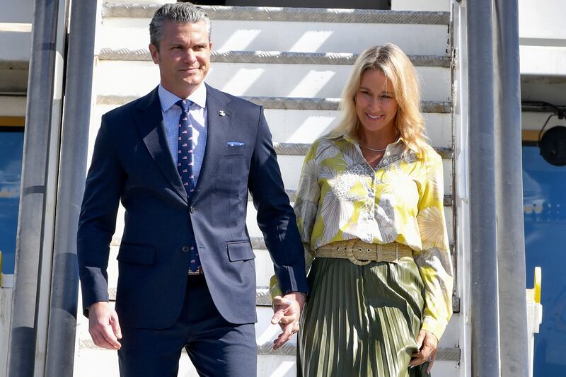 Pete Hegseth and his wife Jennifer arrive at in the Dominican Republic on Nov. 26, 2025.
