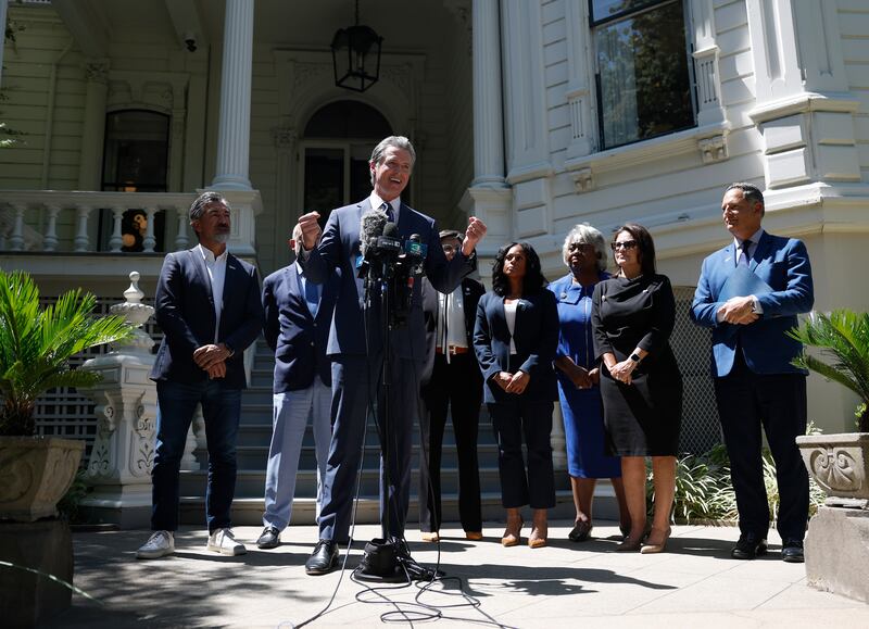 California Gov. Gavin Newsom speaks during a news conference with Texas lawmakers at the Governor’s Mansion on July 25, 2025 in Sacramento.