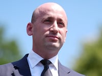 Deputy Chief of Staff Stephen Miller speaking to reporters outside the outside the White House on May 30, 2025 as Democrats taunted him over his wife going to work for Elon Musk.