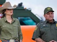 U.S. Secretary of Homeland Security Kristi Noem stands alongside U.S. Border Patrol Rio Grande Valley Sector Chief Jared Ashby, left, and U.S. Border Patrol Chief Mike Banks