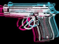 Gun with a "no" symbol instead of the trigger in white, blue, and pink