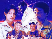 A photo illustration of Richa Moorjani, Jamie Bisping, Michael Smile, Babou Ceesay and Karen Aldridge in Alien: Earth.