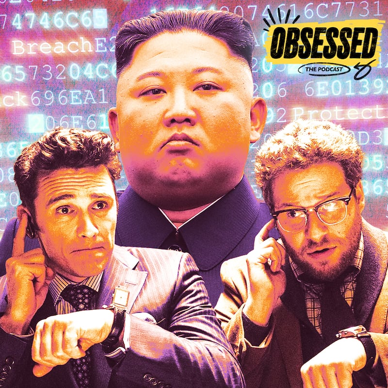 A photo illustration of James Franco, Kim Jong Un, and Seth Rogen.
