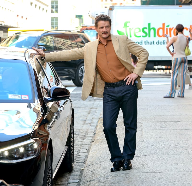 Pedro Pascal is seen on the set of 'Materialists' in Downtown Manhattan.