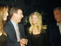 Melania Trump, Prince Andrew, Gwendolyn Beck and Jeffrey Epstein at a party at the Mar-a-Lago club, Palm Beach, Florida, February 12, 2000.