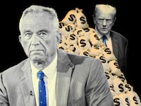 A photo illustration of RFK Jr., bags of money, and Donald Trump.