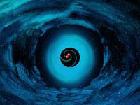 An illustration that includes images of gravitational waves and black holes pulling light and energy.