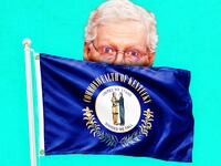 A photo illo illustration of Mitch McConnell and the Kentucky flag.