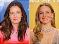 Drew Barrymore over a blue background with a pink sweater; Kristen Bell over a yellow background with a glamorous gown on