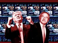 illustration of american media inc space force magazine cover in background with donald trump and david pecker ceo nasa mars aliens pseudoscience debunker