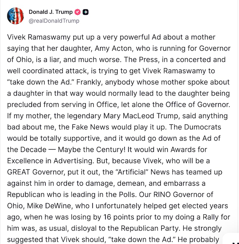 Trump's lengthy rant defending Vivek Ramaswamy's controversial ad.