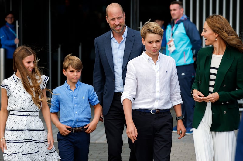 Prince William, Prince of Wales, Duke of Rothsay and Catherine, Princess of Wales, Duchess of Rothsay with Prince George, Princess Charlotte and Prince Louis arrive for the Glasgow 2026 Commonwealth Games at The Hydro on Aug. 1, 2026, in Glasgow, Scotland.