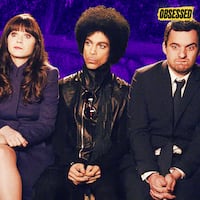 A photo illustration of Zooey Deschanel, music royalty Prince and Jake Johnson in the "Prince" episode from 2014.