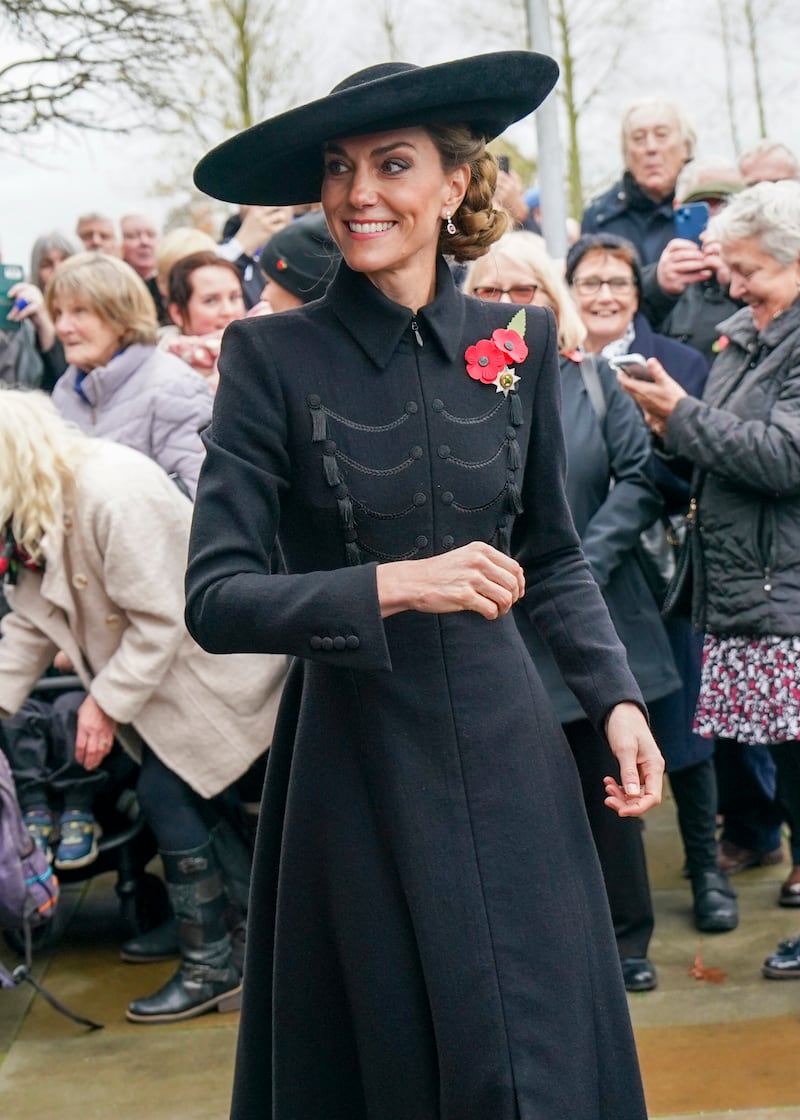 ALREWAS, STAFFORDSHIRE - NOVEMBER 11: Catherine, Princess of Wales attends the Armistice Day Service of Remembrance on the Armed Forces Memorial at The National Memorial Arboretum on November 11, 2025 in Alrewas, Staffordshire. This year marks the 80th anniversary of the end of the Second World War. (Photo by Arthur Edwards-WPA Pool/Getty Images)