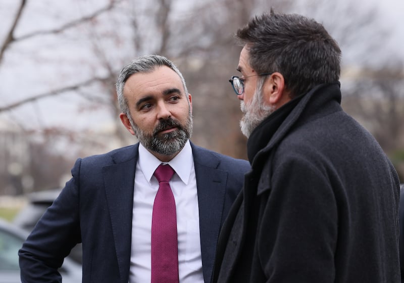 WASHINGTON, DC - JANUARY 31: Attorney General of New Mexico Raúl Torrez speaks with former META engineer Arturo Béjar prior to a rally organized by Accountable Tech and Design It For Us to hold tech and social media companies accountable for taking steps to protect kids and teens online on January 31, 2024 in Washington, DC. (Photo by Jemal Countess/Getty Images for Accountable Tech)