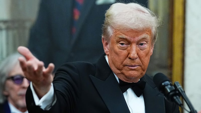 WASHINGTON, DC - DECEMBER 06: U.S. President Donald Trump delivers remarks during the medal presentation ceremony for the 2025 Kennedy Center Honorees in the Oval Office of the White House on December 06, 2025 in Washington, DC. The 2025 Kennedy Center honorees are Sylvester Stallone, George Strait, the rock band KISS, Gloria Gaynor, and Michael Crawford.