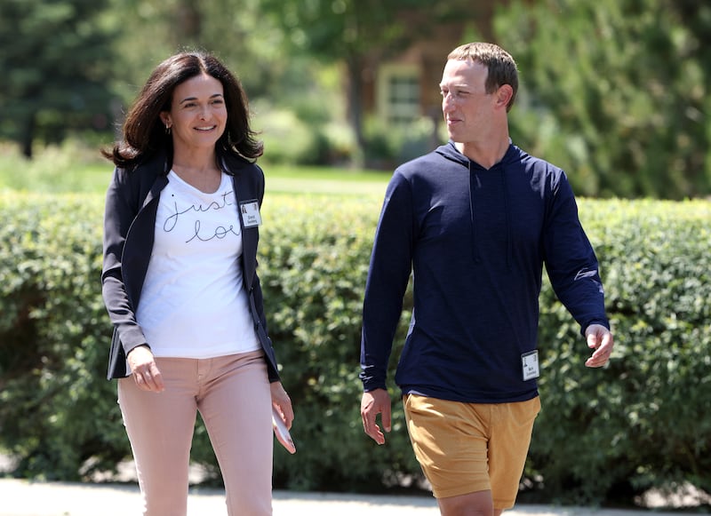 SUN VALLEY, IDAHO - JULY 08: CEO of Facebook Mark Zuckerberg walks with COO of Facebook Sheryl Sandberg after a session at the Allen & Company Sun Valley Conference on July 08, 2021 in Sun Valley, Idaho. After a year hiatus due to the COVID-19 pandemic, the world’s most wealthy and powerful businesspeople from the media, finance, and technology worlds will converge at the Sun Valley Resort for the exclusive week-long conference. (Photo by Kevin Dietsch/Getty Images)