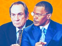 A photo illustration of Tommy Lee Jones and Jamie Foxx in The Burial.