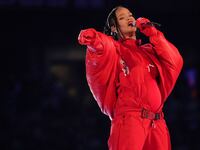 Recordist artist Rihanna performs during the halftime show of Super Bowl LVII at State Farm Stadium.