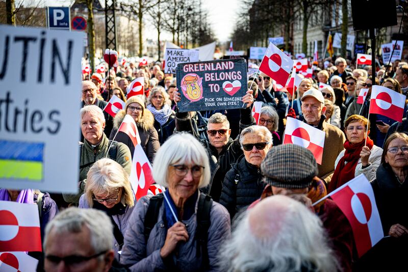 People protest against the American pressure taking place against Greenland and Denmark, in front of the American Embassy in Copenhagen on March 29, 2025.