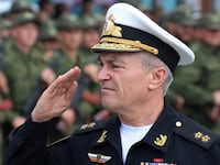 Commander of the Russian Black Sea Fleet Viktor Sokolov salutes during a send-off ceremony in Sevastopol in September 2022.