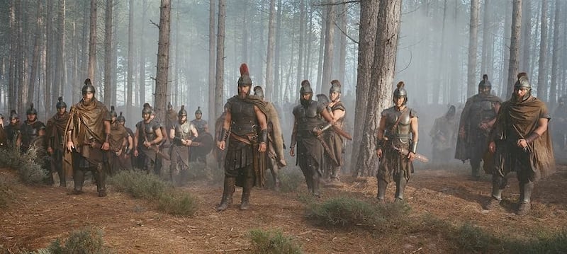 Matt Damon appears in armor as his character Odysseus in ‘The Odyssey.’