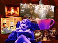A photo illustration of cozy ambient youtube channels and a woman reading a book.