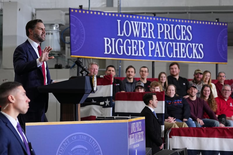 PLOVER, WISCONSIN - FEBRUARY 26: U.S. Vice President JD Vance speaks at Pointe Precision on February 26, 2026 in Plover, Wisconsin. Following the State of the Union, Vance is visiting the Pointe Precision machining facility. (Photo by Matt Rourke-Pool/Getty Images)