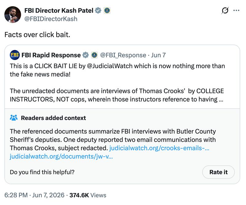 Kash Patel's X.com post criticizing Judicial Watch.