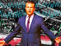 A photo illustration of Pete Hegseth in front of the Pentagon with polygraph lines.