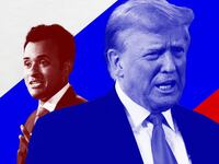 A photo illustration showing Ramaswamy and Trump in front of a Russian flag.