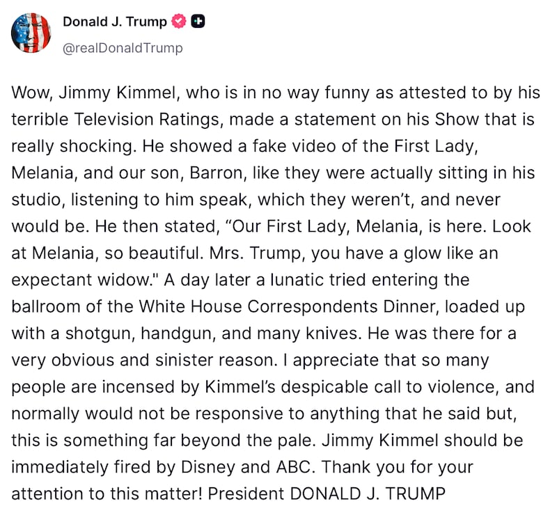 One of Donald Trump's Truth Social posts calling for Jimmy Kimmel to lose his job.