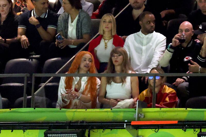 (L-R) Ice Spice, Ashley Avignone, and Taylor Swift attend Super Bowl LIX at Caesars Superdome on February 09, 2025 in New Orleans, Louisiana.