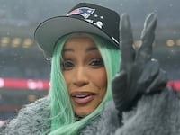 DENVER, COLORADO - JANUARY 25: Artist Cardi B poses for a photo following the AFC Championship Playoff game against the Denver Broncos at Empower Field At Mile High on January 25, 2026 in Denver, Colorado. The New England Patriots defeat the Denver Broncos 10-7. (Photo by Matthew Stockman/Getty Images)