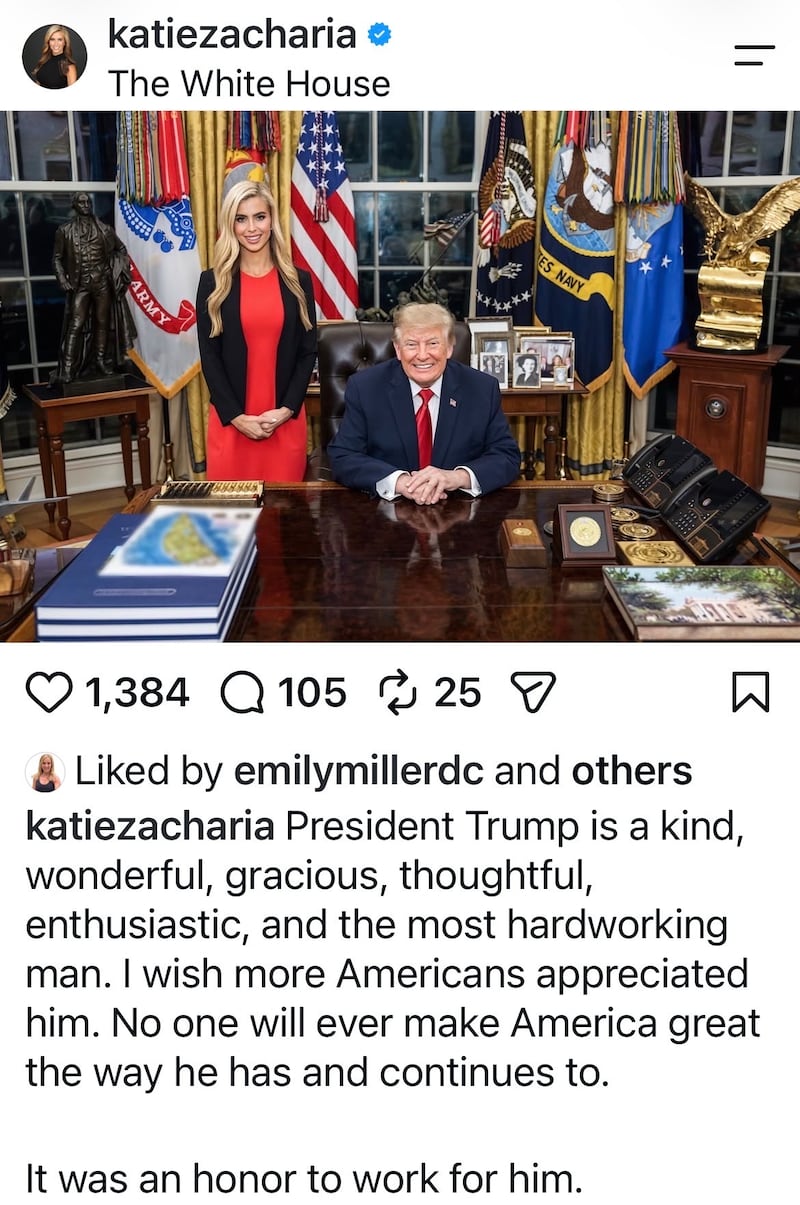 Zacharia's post confirming she had stepped down as press secretary.